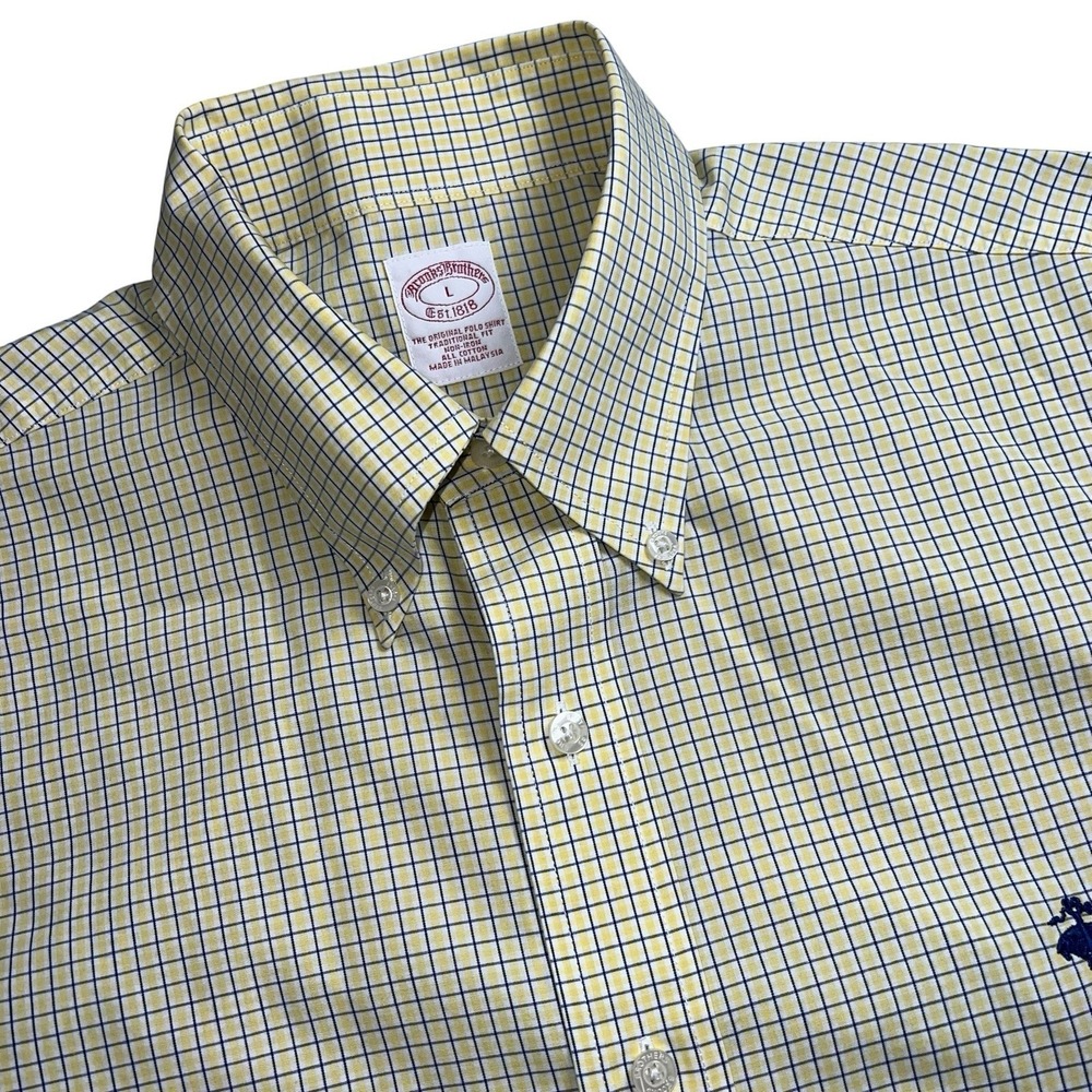 Brooks Brothers Mens Large Yellow Plaid Short Sleeve Button Down Shirt Logo